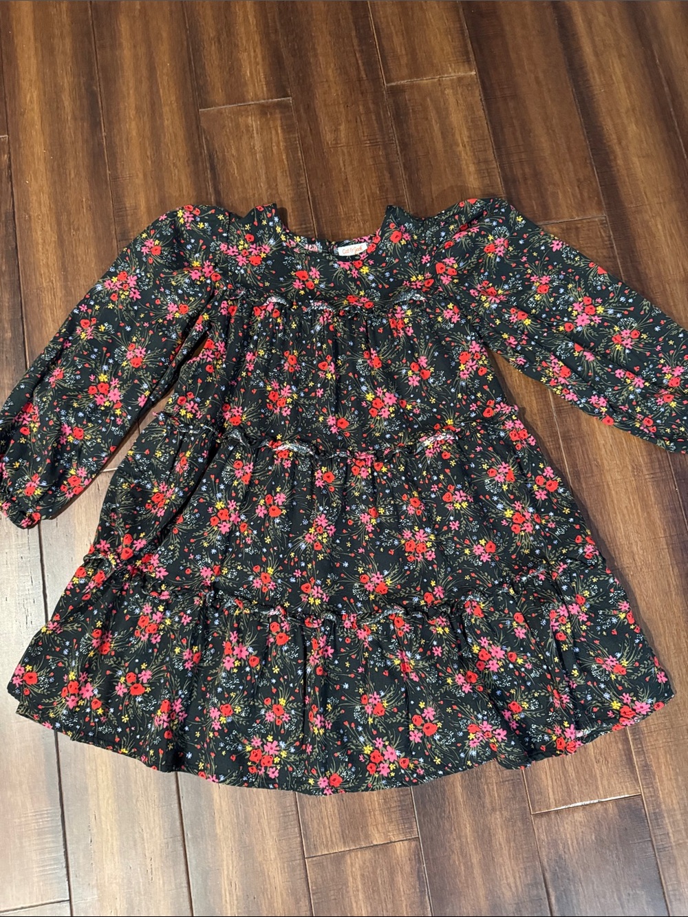 Cat & Jack Black Floral Tiered Long-Sleeve Dress